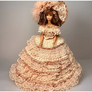 Vintage Barbie Doll Handmade Lace Crochet Gown Hat Stand Display Piece